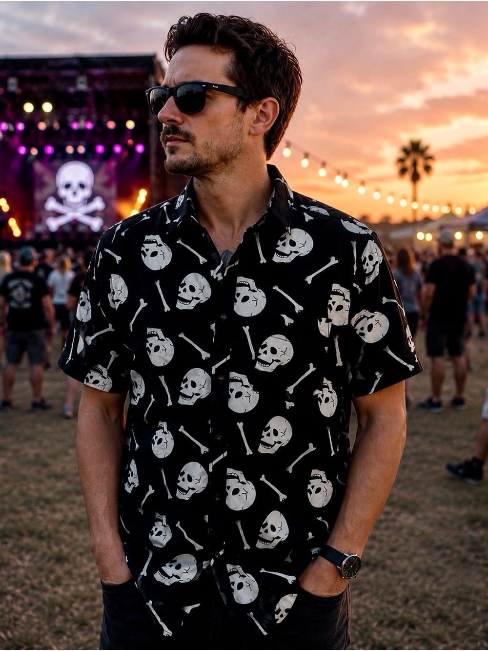 Rugby University Skull Print Button Front Shirt Large Black White Festival Goth